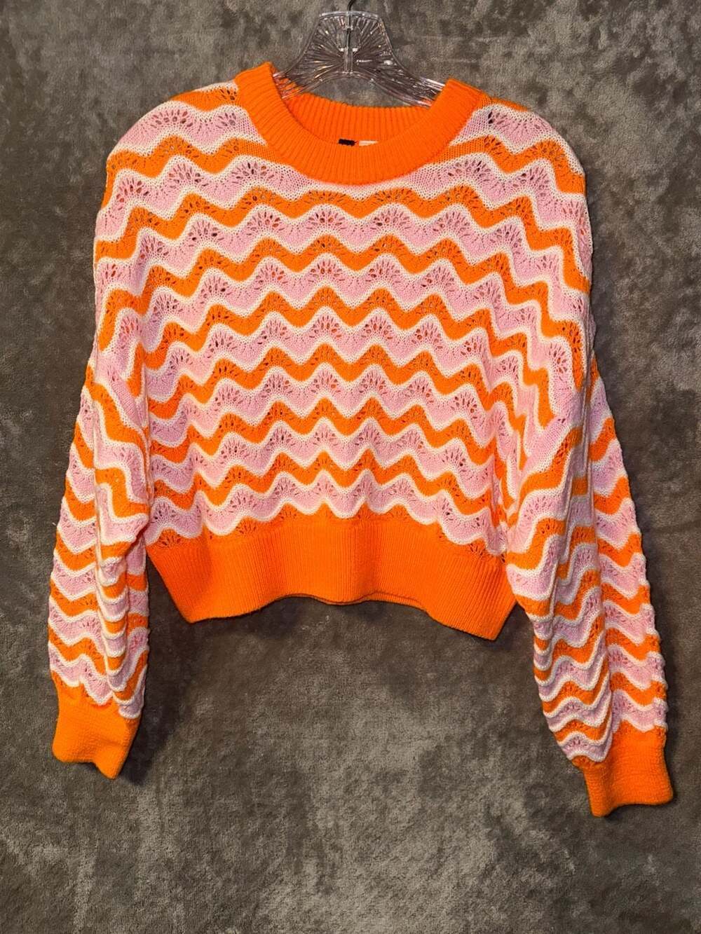 H&M Divided Orange and Pink Zig Zag Pointelle Knit Cropped Sweater